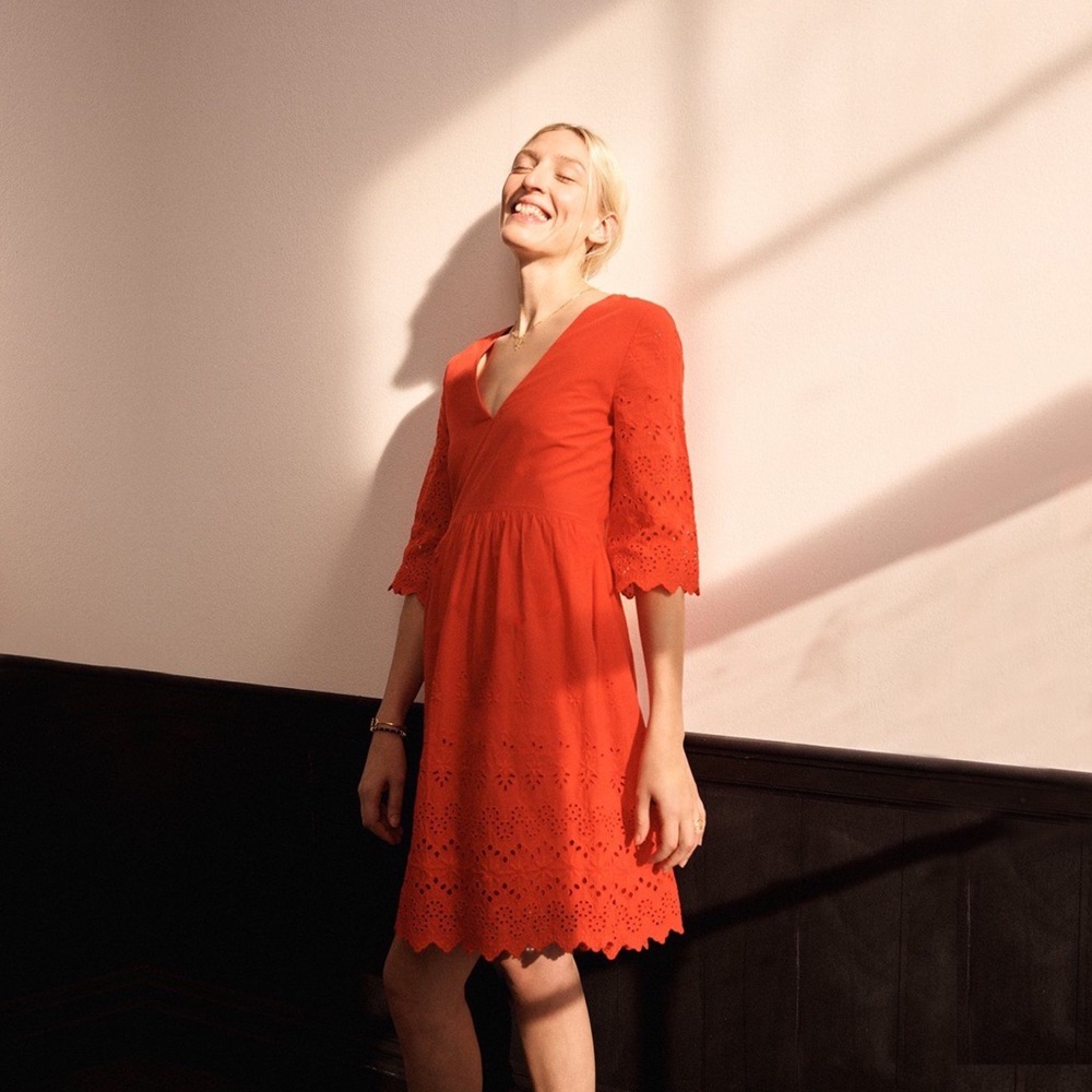 madewell  eyelet lattice scalloped dress in red, size 2